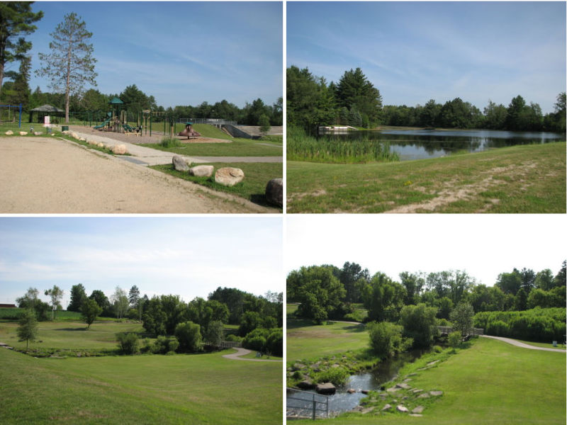 Village Park in Luther shows playground, lake, dam, and Little Manistee River