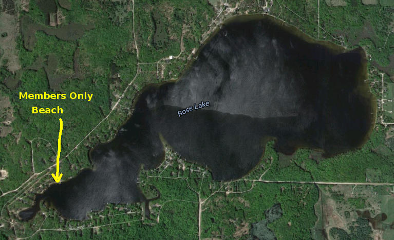 Aerial view of Rose Lake showing location of RLFPOA beach